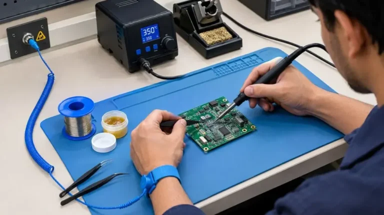 Technician using a soldering station with an ESD wrist strap and grounded work mat