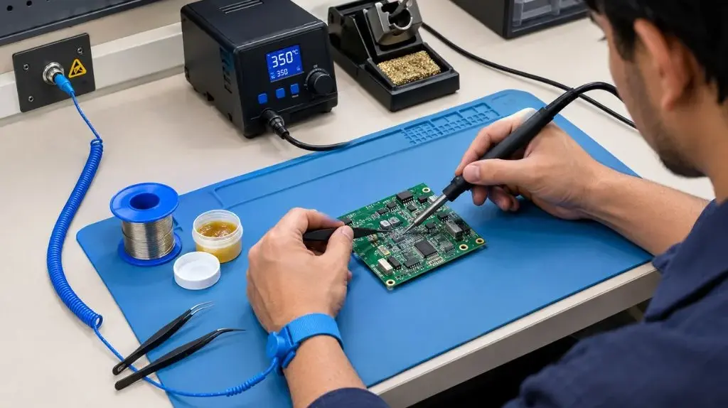 Technician using a soldering station with an ESD wrist strap and grounded work mat
