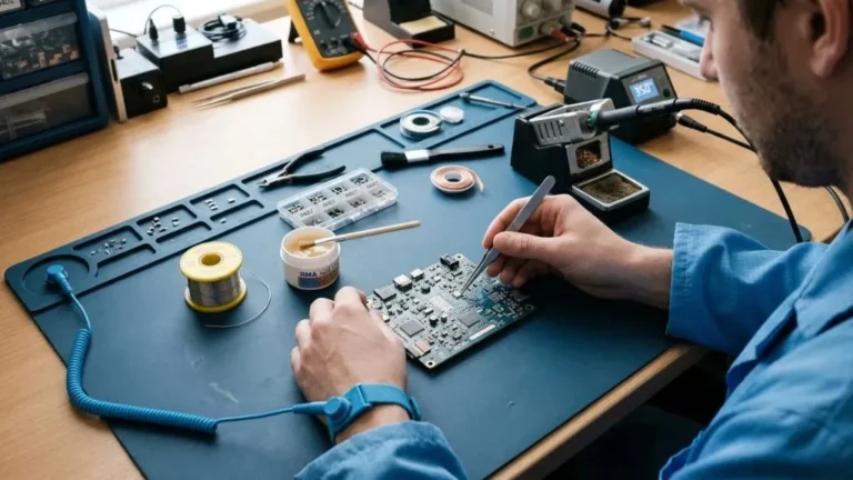 Electronics repair setup with an ESD-safe mat and connected grounding point