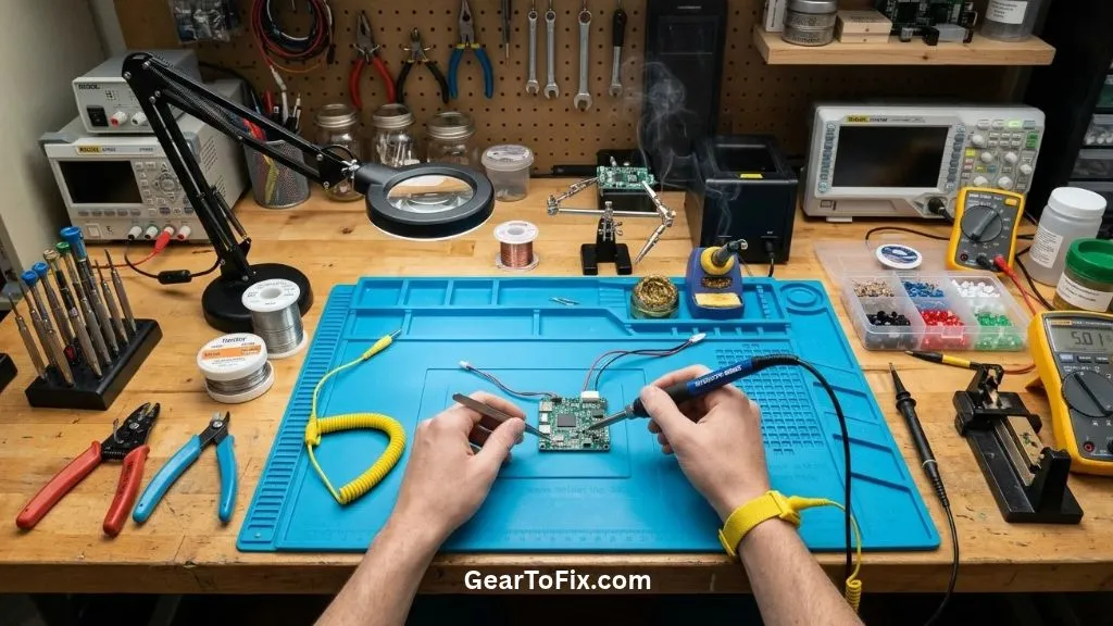 ESD soldering mat with a PCB, soldering station, and grounding cord