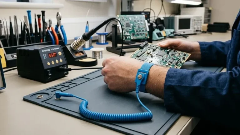 ESD wrist strap with coiled grounding cord beside a circuit board and soldering station