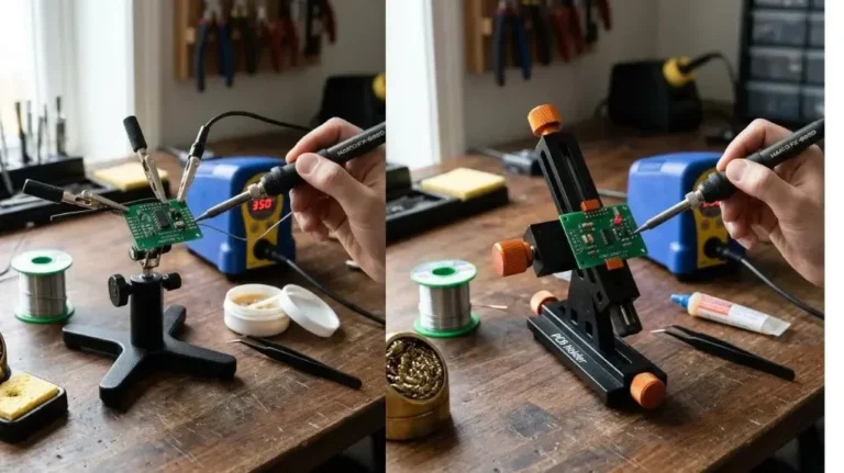 Electronics workbench showing helping hands and a PCB holder for soldering