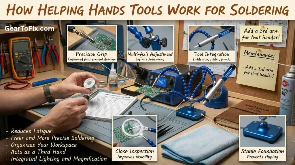 Helping hands tool holding a PCB steady while a technician solders a component