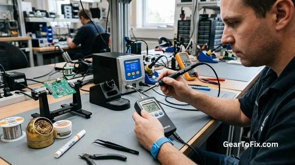 Technician calibrating a soldering station with a tip temperature thermometer