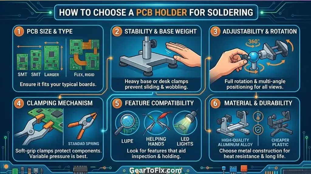 Adjustable PCB holder securing a circuit board during soldering