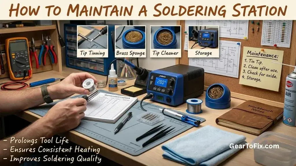 Technician cleaning and tinning a soldering iron tip during station maintenance