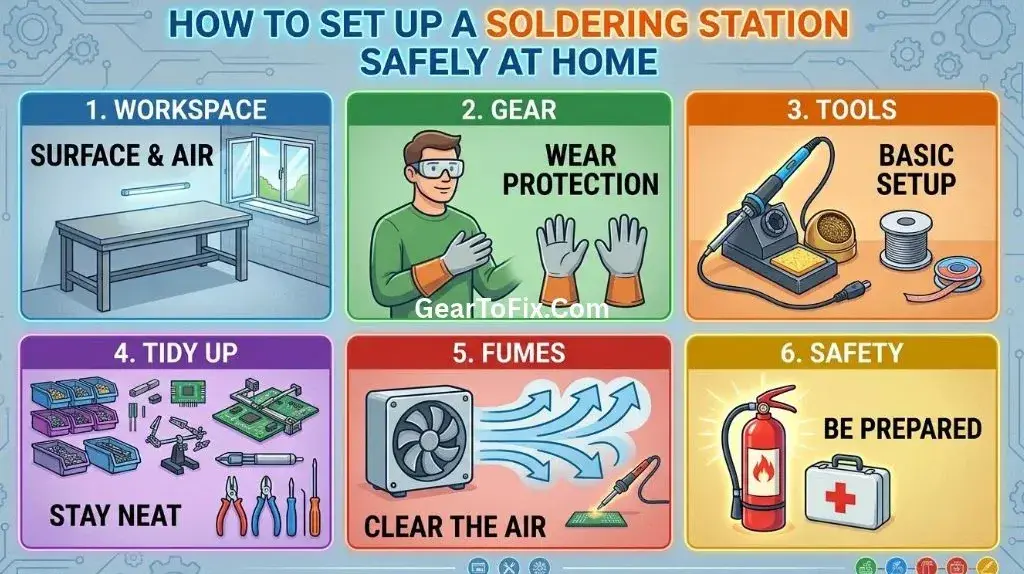 Soldering station on a heat-resistant mat with an iron holder and fume extractor at home