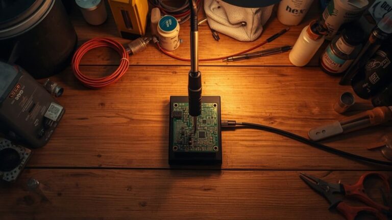 Soldering iron safely placed in a stand away from flammable materials