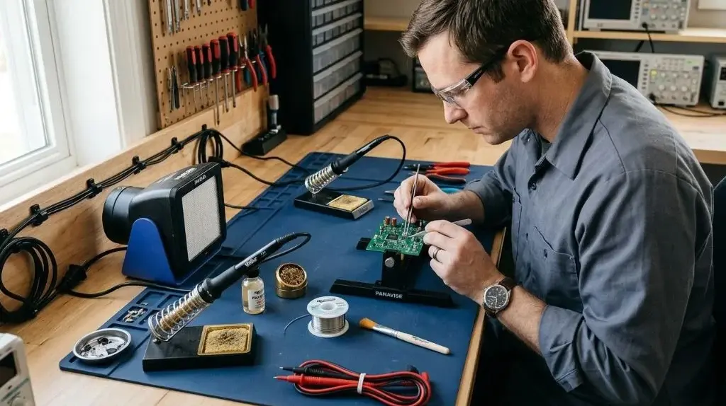 Safely organized home soldering workbench with ventilation and protective equipment