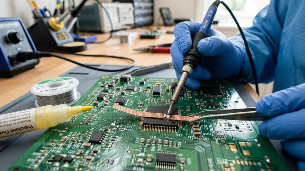 Technician inspecting an unwanted solder bridge between PCB pins