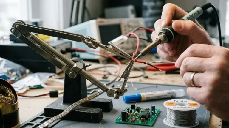 Soldering helping hands with adjustable clips holding wires in position for joining