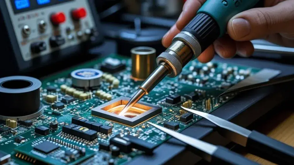 Temperature-controlled soldering iron with fine tip for PCB repair