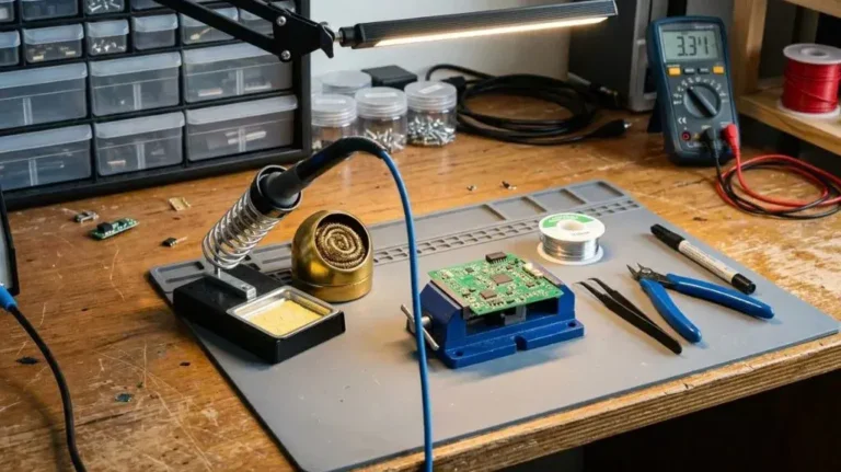 Heated soldering iron secured in a metal stand next to an electronics work area