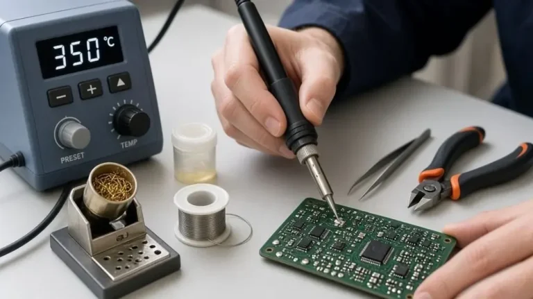 Technician using a soldering station to solder a component onto a PCB
