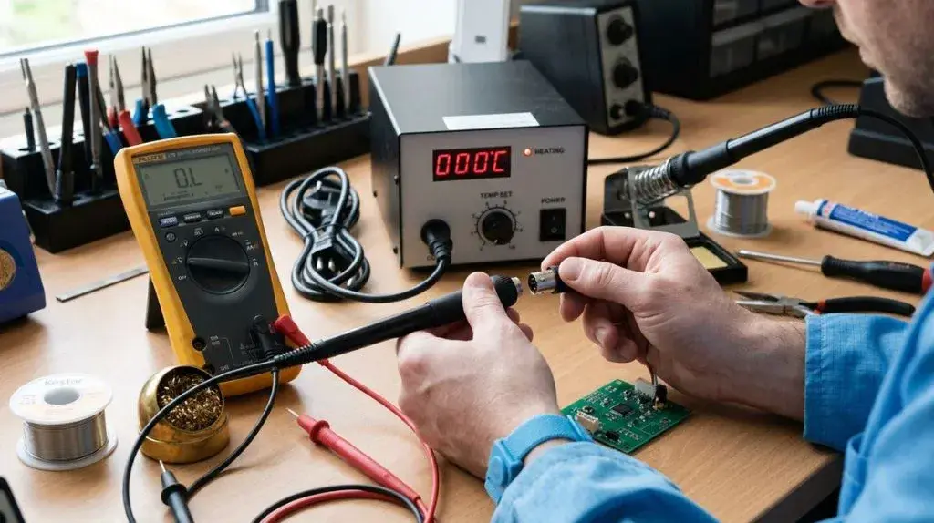 Soldering station and multimeter used to diagnose a heating problem