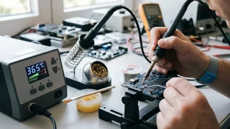 Soldering iron contacting a circuit board joint while connected to a temperature-controlled station