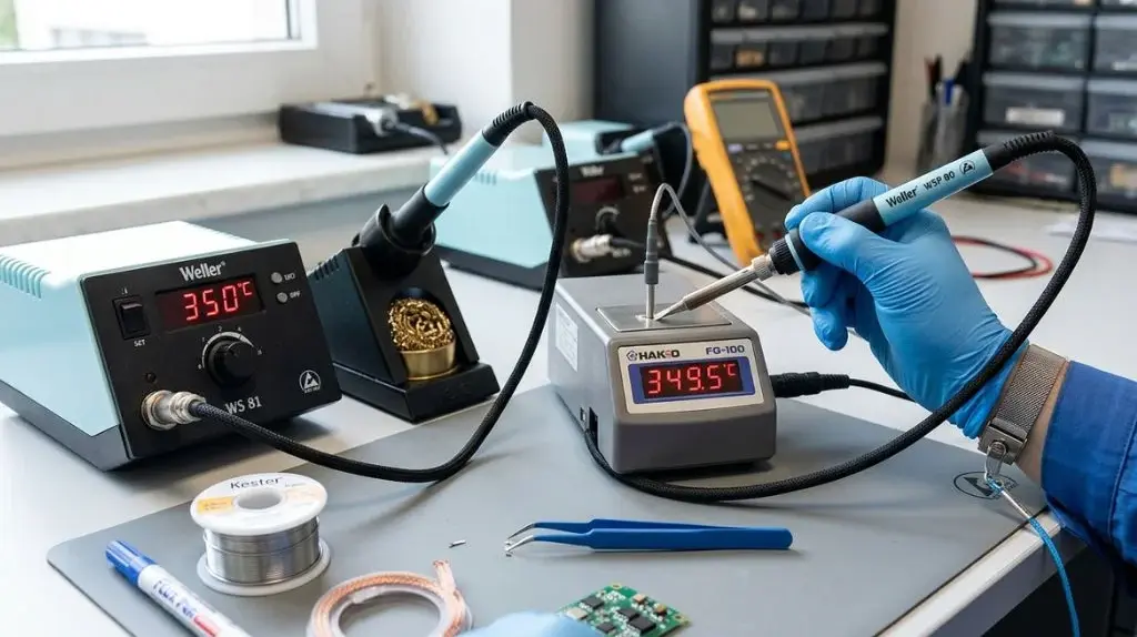 Measuring soldering iron tip temperature to check soldering station calibration