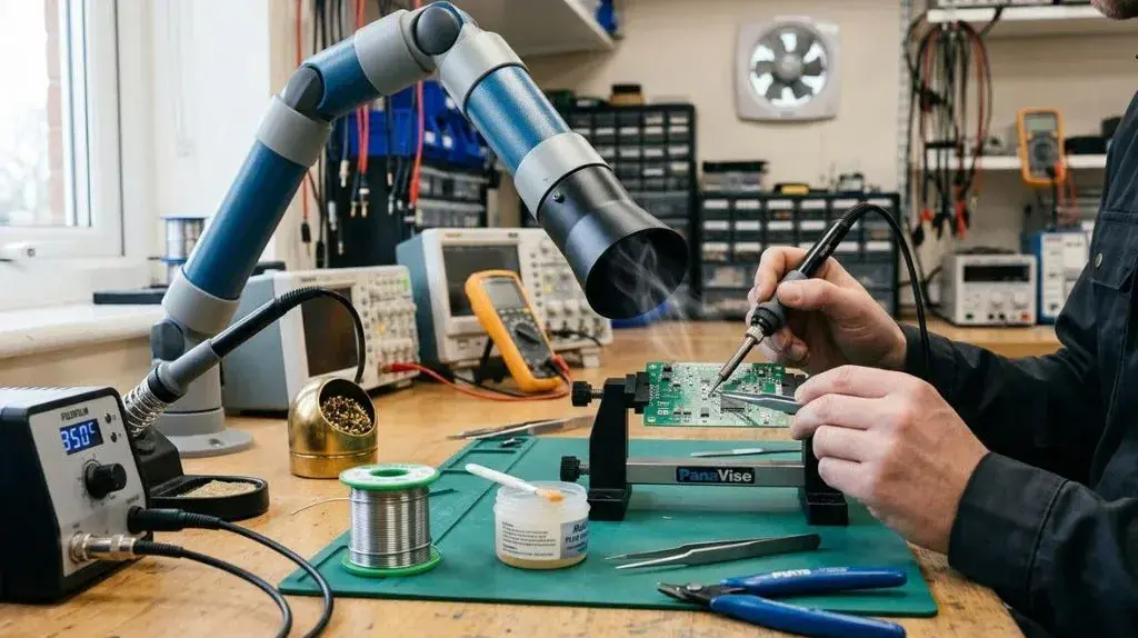 Soldering station with extraction arm drawing fumes away from the work area