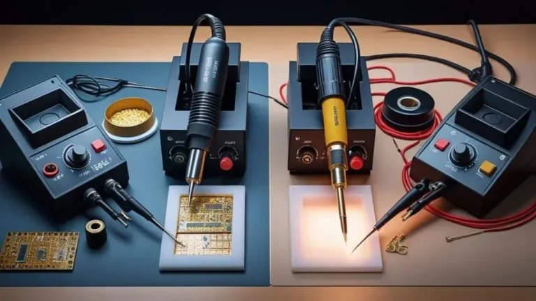 Temperature-controlled and fixed-temperature soldering irons on a workbench