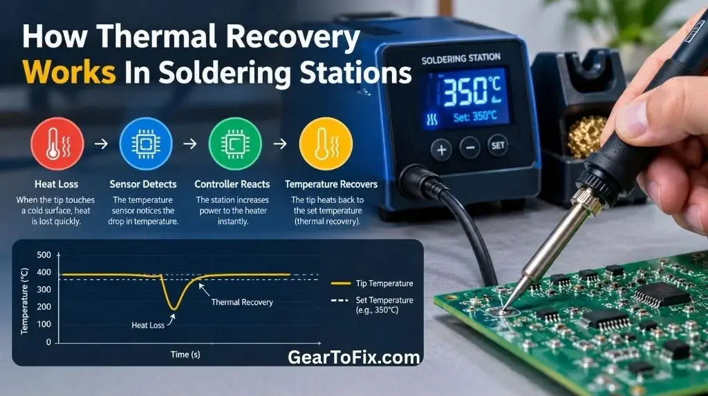 Thermal recovery describes how quickly a soldering station restores tip temperature after heat transfers to a solder joint.
