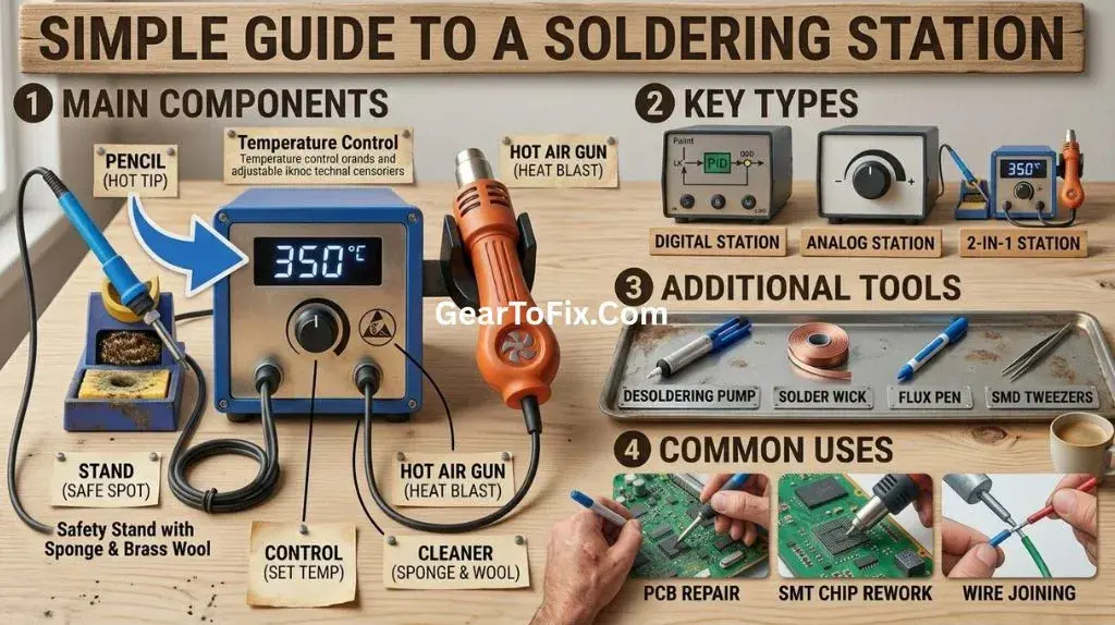 Temperature-controlled soldering station with iron, control unit, and holder on a workbench