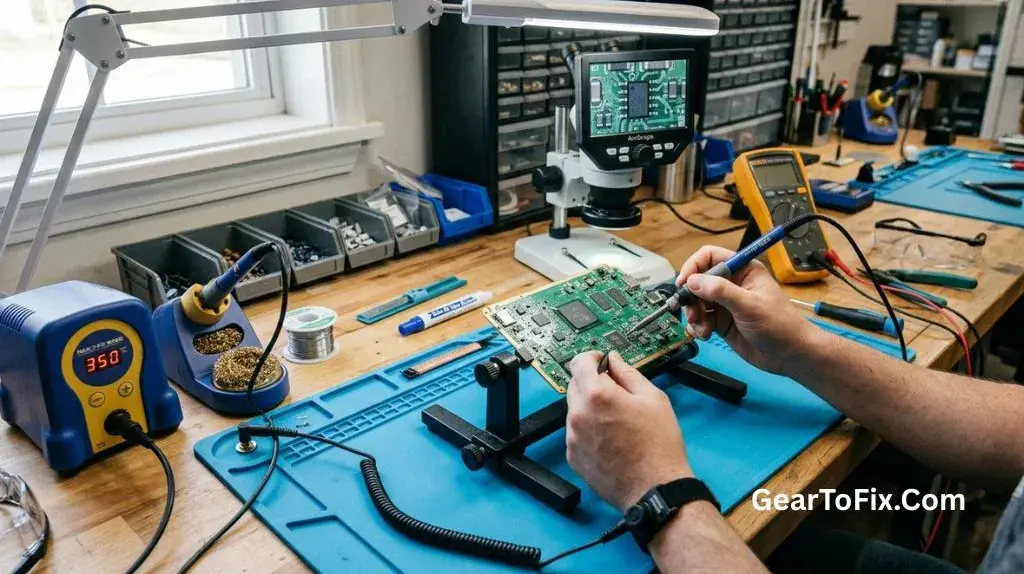 ESD-safe soldering station beside a circuit board on an ESD work mat