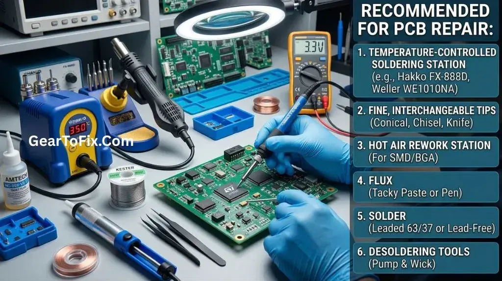 Soldering iron being used to repair a PCB solder joint