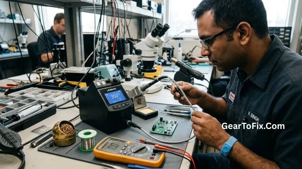 Technician troubleshooting a soldering station that is not heating up