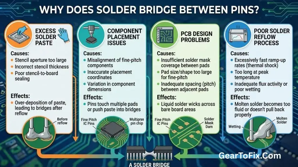 Solder bridge connecting two adjacent pins on a printed circuit board